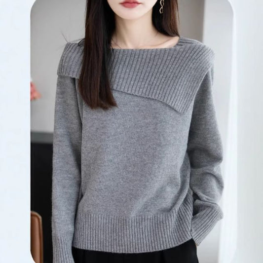 Boat Neck Plain Asymmetrical Sweater