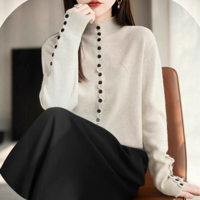 Stand Collar Button-Up Plain Cardigan