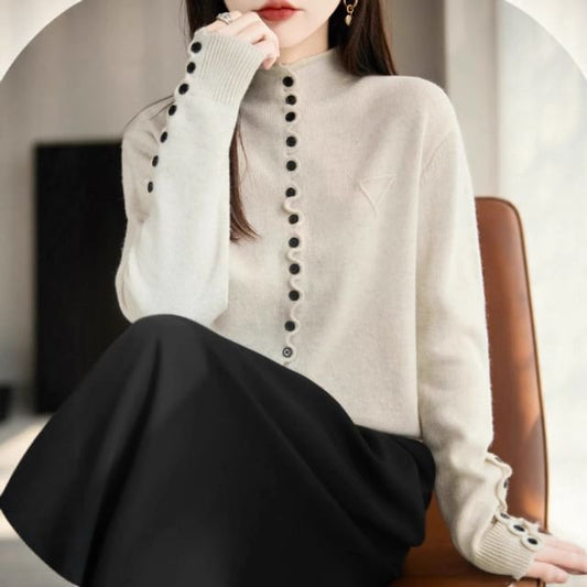 Stand Collar Button-Up Plain Cardigan