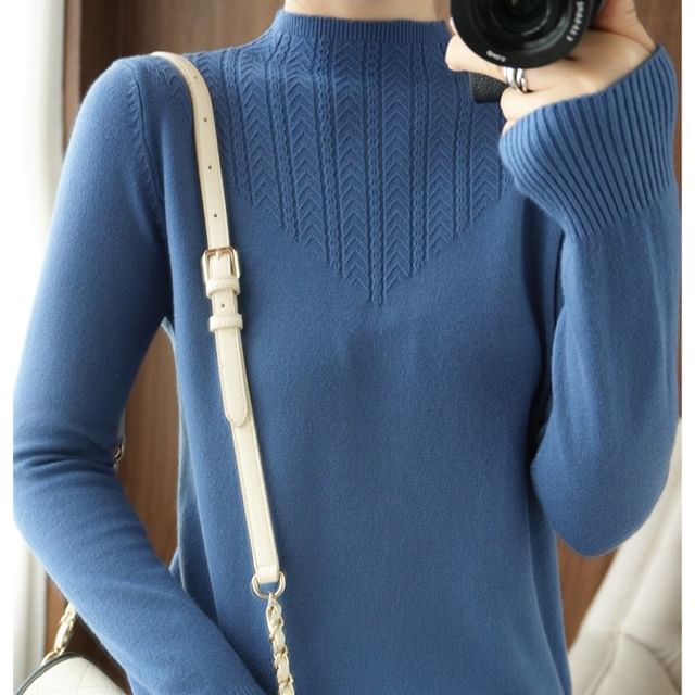 Long-Sleeve Mock Neck Plain Jacquard Knit Top