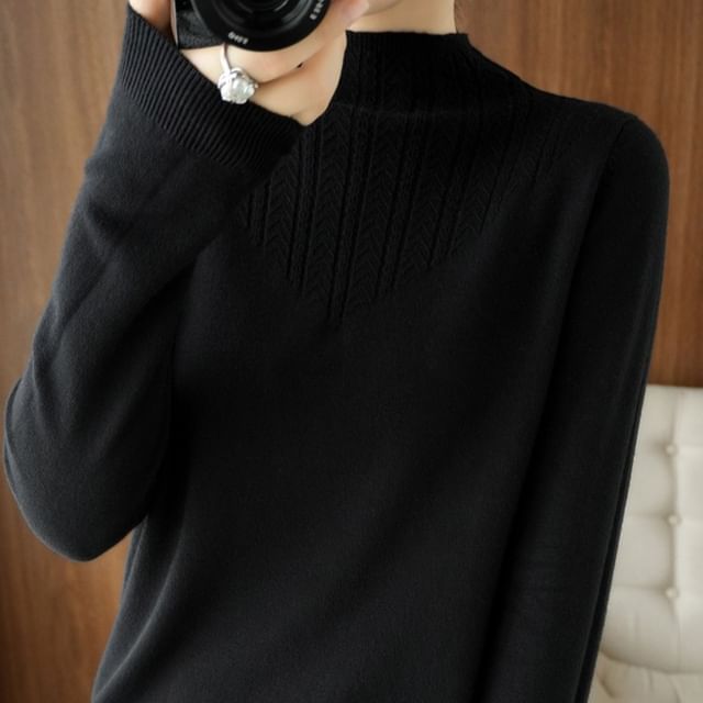 Long-Sleeve Mock Neck Plain Jacquard Knit Top