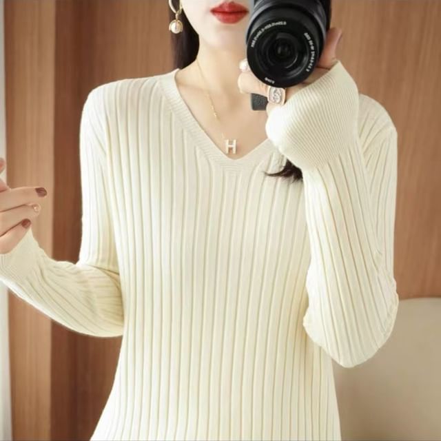 Long-Sleeve V-Neck Plain Knit Top