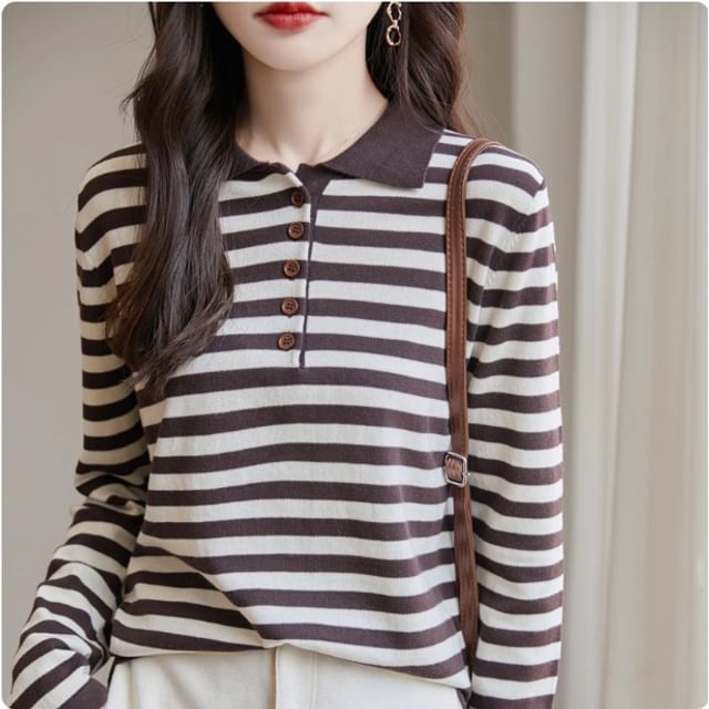 Long-Sleeve Striped Knit Polo Shirt