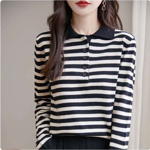 Long-Sleeve Striped Knit Polo Shirt