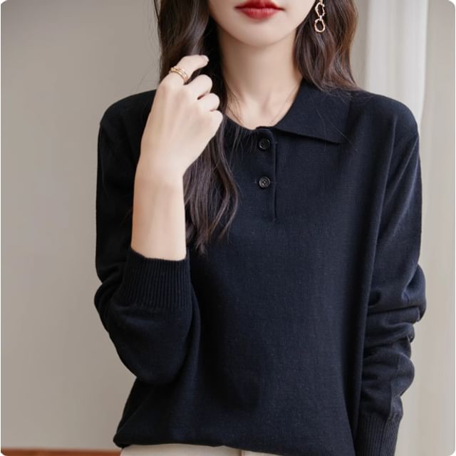 Long-Sleeve Plain Knit Polo Shirt