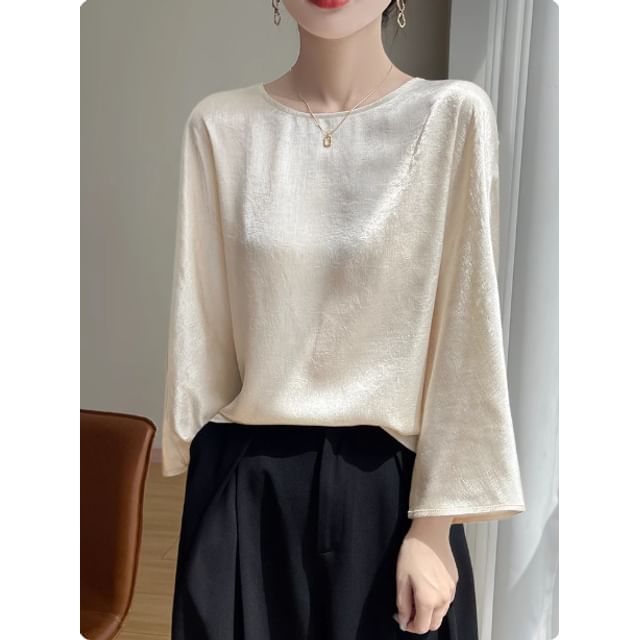 3/4-Sleeve Round Neck Plain Satin Blouse