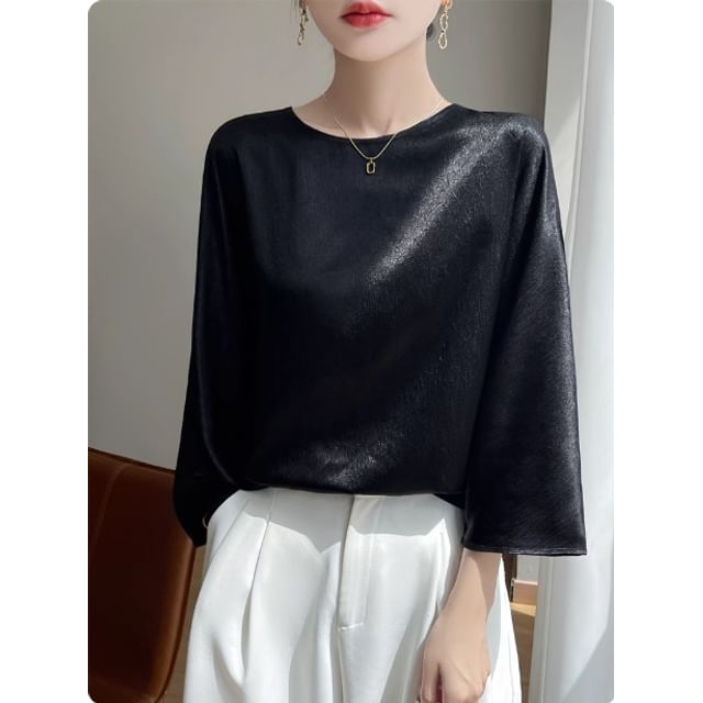 3/4-Sleeve Round Neck Plain Satin Blouse
