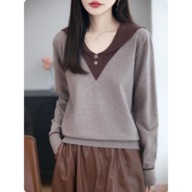 Long-Sleeve Shawl Collar Two Tone Knit Top