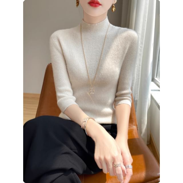 3/4-Sleeve Mock Neck Plain Ribbed Knit Top
