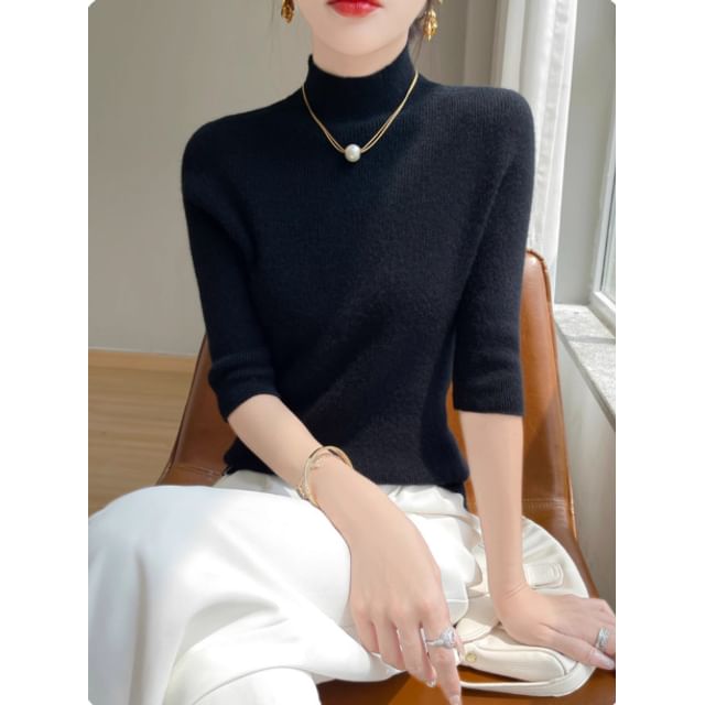 3/4-Sleeve Mock Neck Plain Ribbed Knit Top