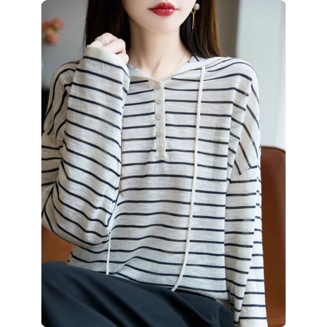 Striped Drawstring Knit Hoodie