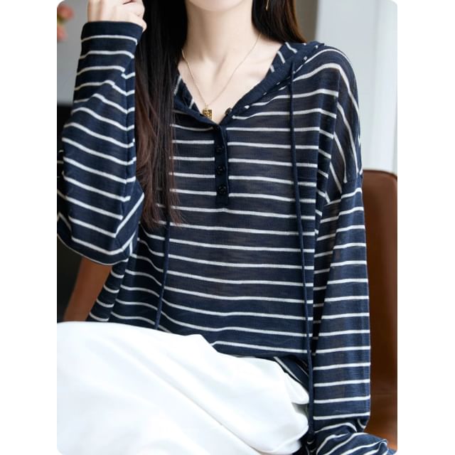 Striped Drawstring Knit Hoodie
