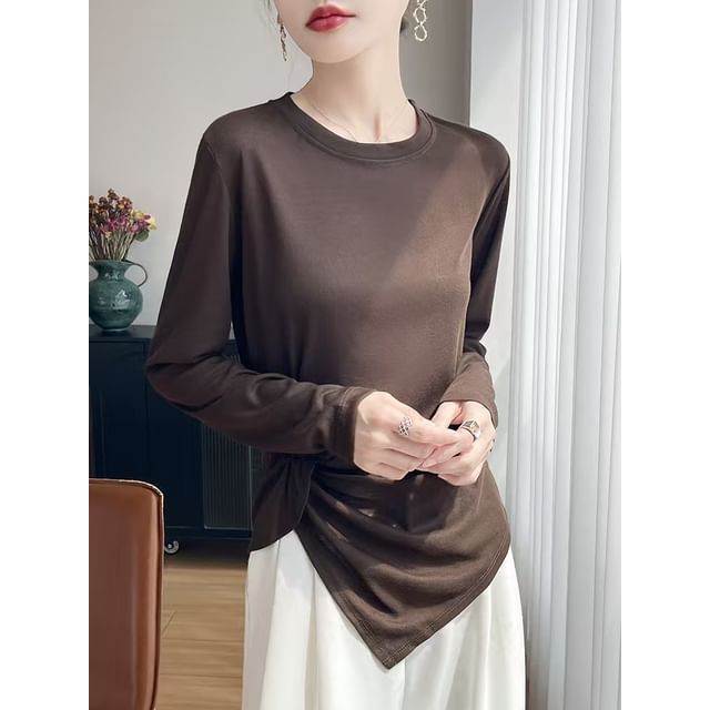 Long-Sleeve Crew Neck Plain Asymmetrical Ruched T-Shirt