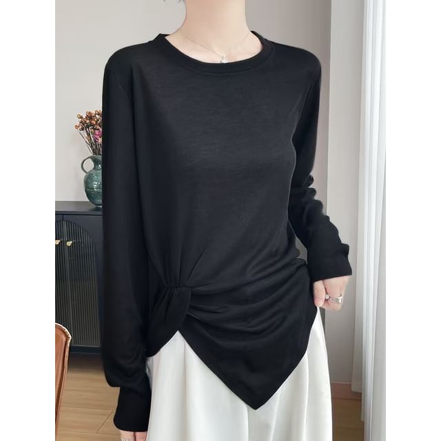 Long-Sleeve Crew Neck Plain Asymmetrical Ruched T-Shirt