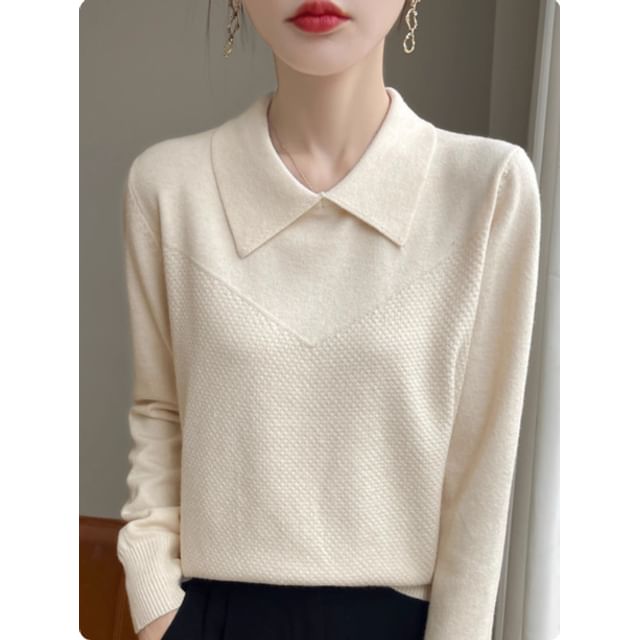 Long-Sleeve Collared Plain Knit Top