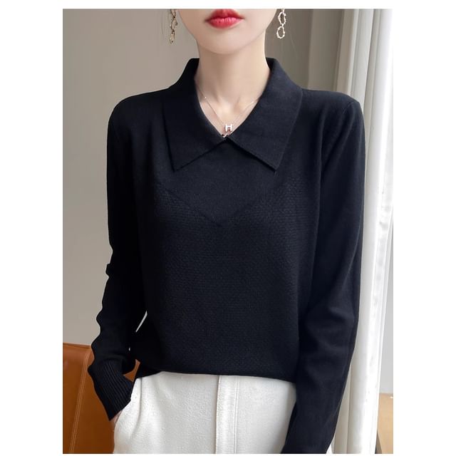 Long-Sleeve Collared Plain Knit Top