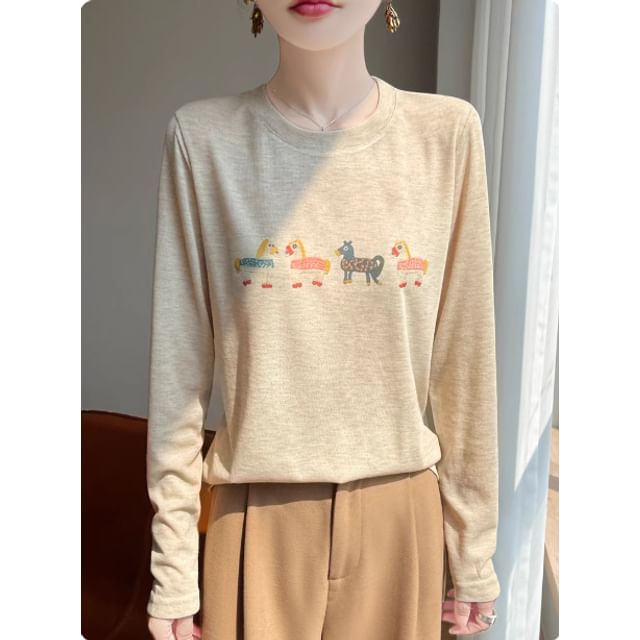Long-Sleeve Crew Neck Horse Print Tee