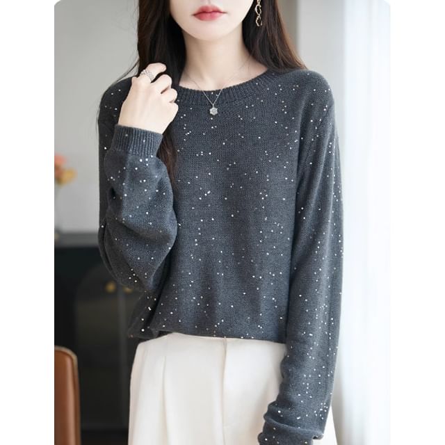 Long-Sleeve Crew Neck Sequin Sweater