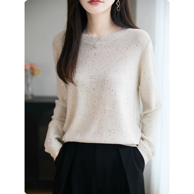 Long-Sleeve Crew Neck Sequin Sweater