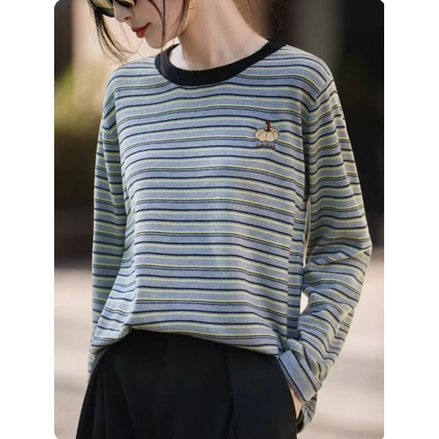 Long-Sleeve Round Neck Striped Embroidered Contrast Trim Knit Top