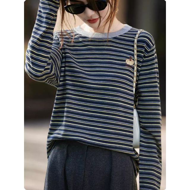 Long-Sleeve Round Neck Striped Embroidered Contrast Trim Knit Top