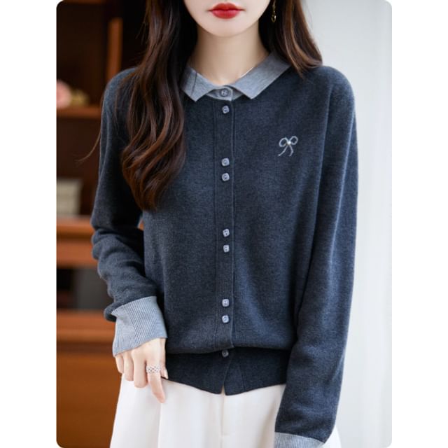 Contrast Collar Bow Print Button-Up Cardigan