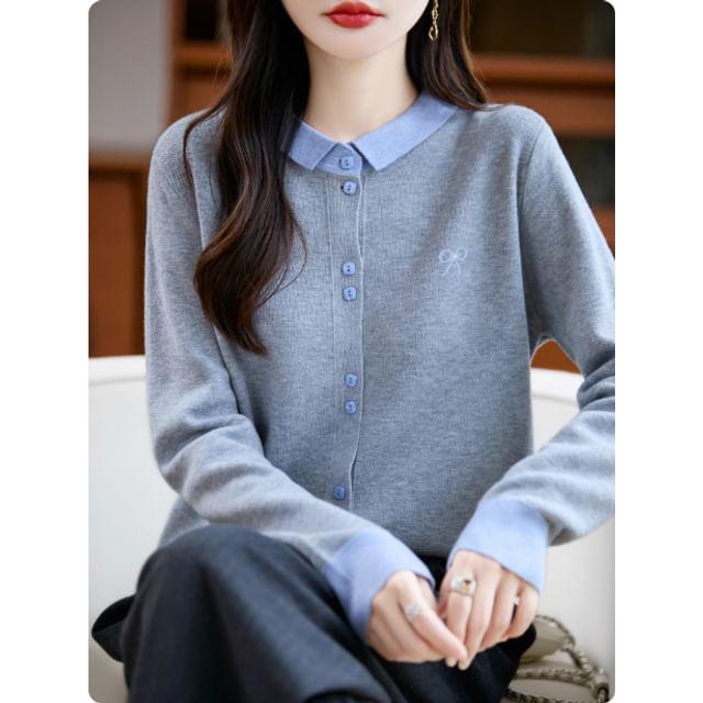 Contrast Collar Bow Print Button-Up Cardigan