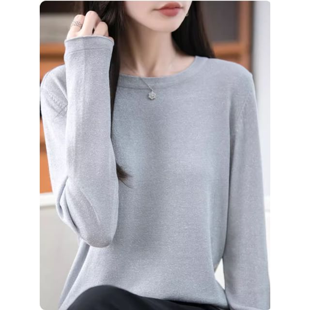 Long-Sleeve Round Neck Glitter Knit Top