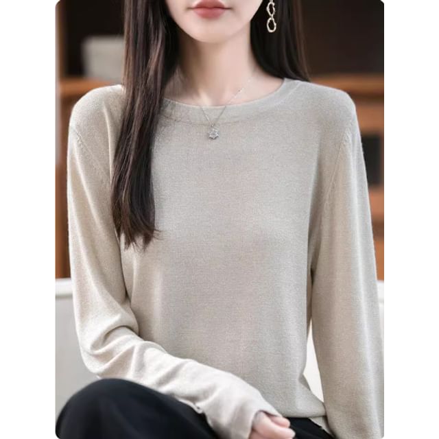 Long-Sleeve Round Neck Glitter Knit Top