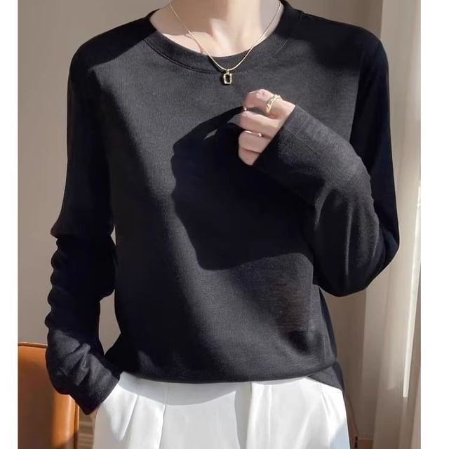 Long-Sleeve Round Neck Plain Knit Top