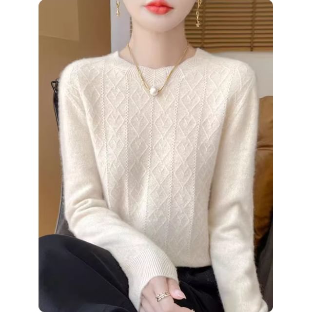 Long-Sleeve Crew Neck Plain Jacquard Knit Top