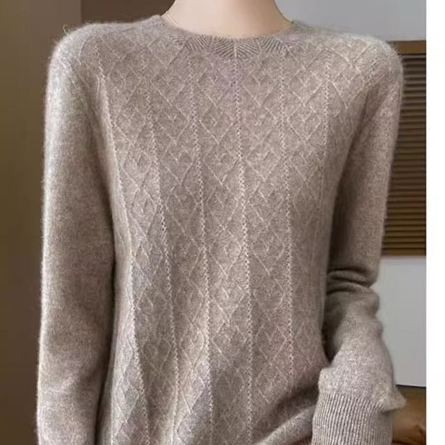 Long-Sleeve Crew Neck Plain Jacquard Knit Top