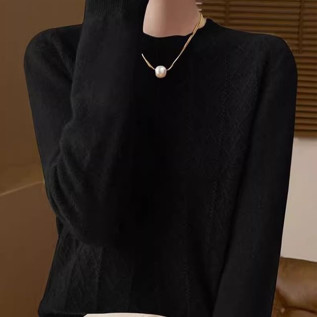 Long-Sleeve Crew Neck Plain Jacquard Knit Top