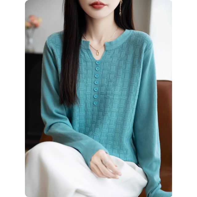 Long-Sleeve Notch Neck Plain Jacquard Knit Top