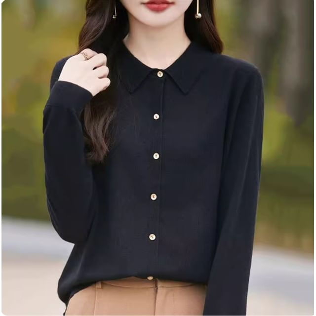Collared Button-Up Plain Cardigan