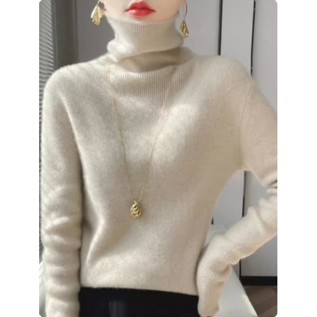Long-Sleeve Turtleneck Plain Knit Top