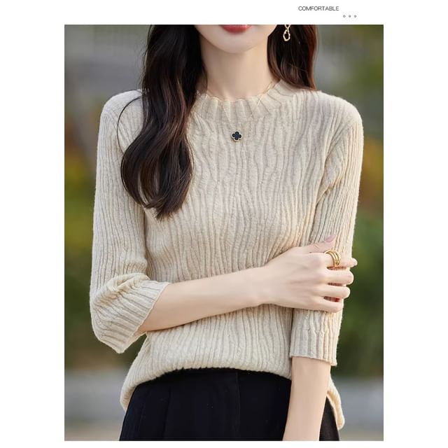 3/4-Sleeve Round Neck Plain Crinkle Knit Top