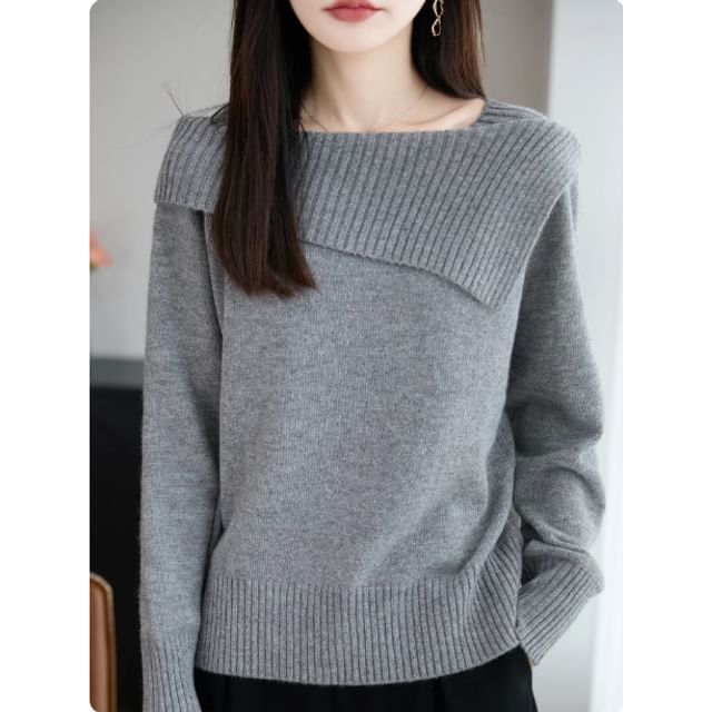Boat Neck Plain Asymmetrical Sweater