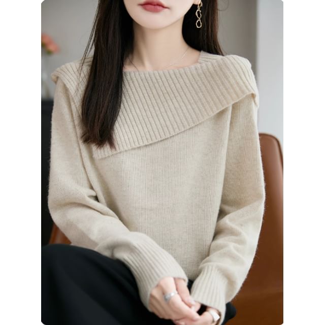 Boat Neck Plain Asymmetrical Sweater