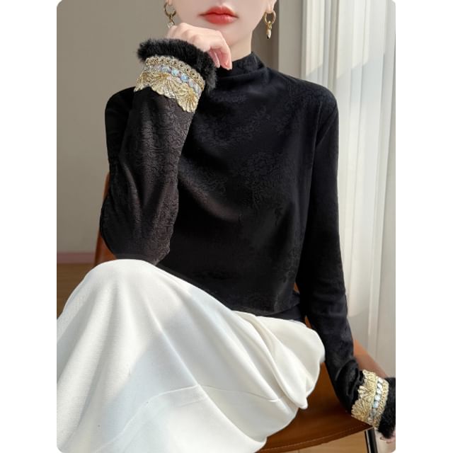 Long-Sleeve Mock Neck Floral Jacquard Fluffy Trim Tee