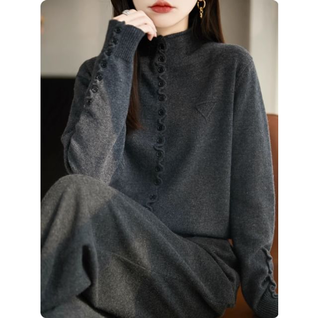 Stand Collar Button-Up Plain Cardigan