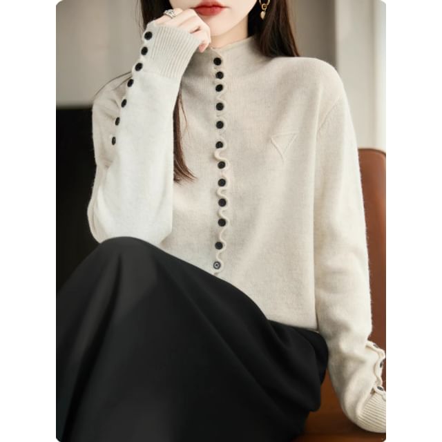 Stand Collar Button-Up Plain Cardigan