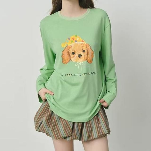Drawstring Waist Striped Bubble Hem Mini A-Line Skirt / Long-Sleeve Crew Neck Dog Print T-Shirt