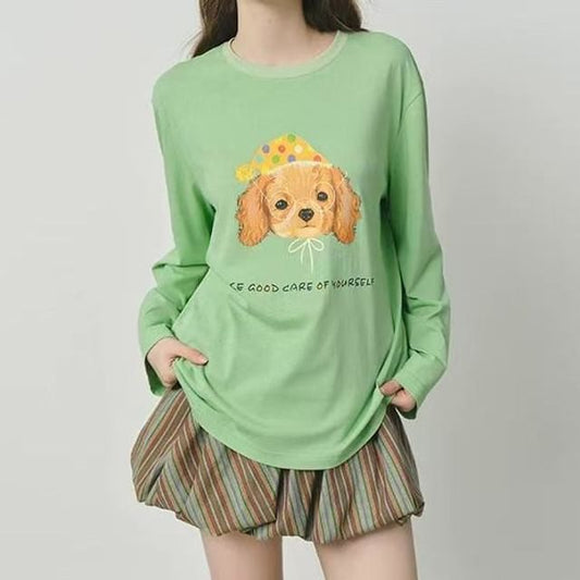Drawstring Waist Striped Bubble Hem Mini A-Line Skirt / Long-Sleeve Crew Neck Dog Print T-Shirt