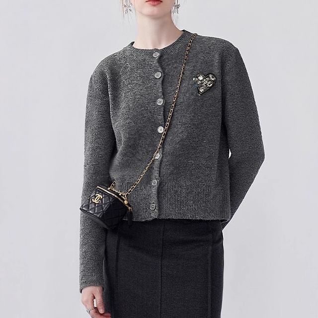 Round Neck Melange Heart Accent Cardigan