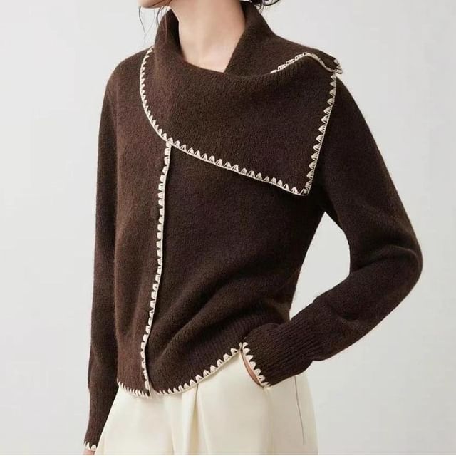 Long-Sleeve Collar Contrast Trim Knit Top