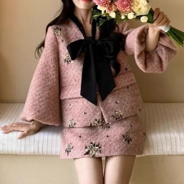 3/4-Sleeve Tie-Neck Floral Button Jacket / High Rise H-Line Skirt / Set (Various Designs)