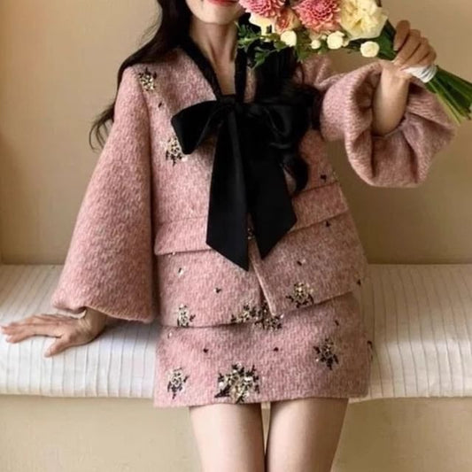 3/4-Sleeve Tie-Neck Floral Button Jacket / High Rise H-Line Skirt / Set (Various Designs)