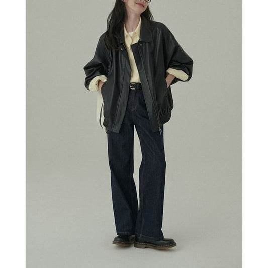 Collar Plain Faux Leather Zip Jacket