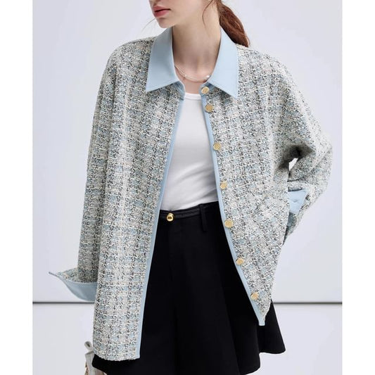 Collar Tweed Contrast Trim Button Jacket